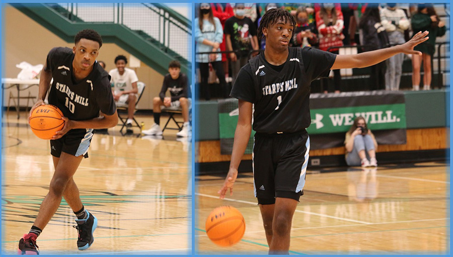 Senior Michael Townsend (left) and junior Malachi Townsend (right) move down the court with the basketball. The Townsend brothers have stood out on the boys team as a dominant and versatile pair. All their lives, they have pursued basketball excellence as they push each other to greater heights. Beyond that, the brothers have forged a strong brotherly bond off of the court.