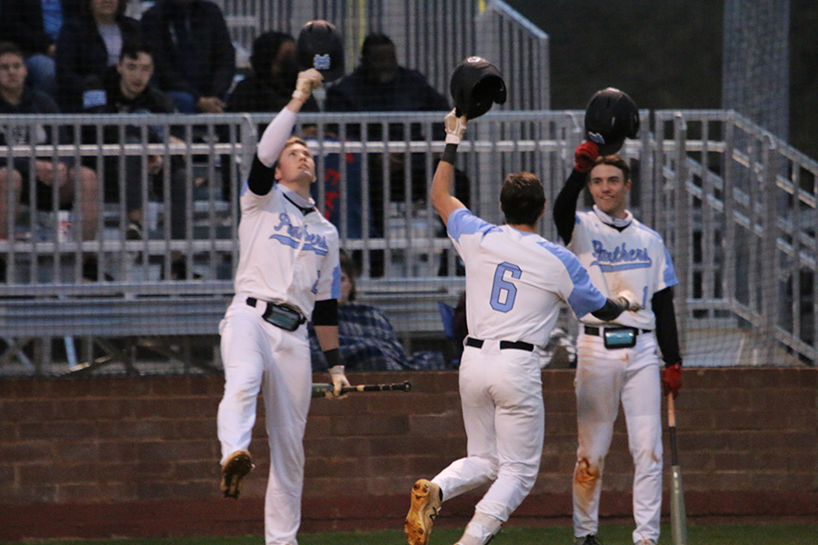 Senior+outfielder+Chay+Yeager+celebrates+a+solo+home+run+with+his+teammates+during+the+Panthers%E2%80%99+region+game+against+the+Northgate+Vikings+last+Friday.+After+a+tough+week+for+the+Panthers%2C+they+capped+it+off+with+a+strong+7-1+victory+over+the+Vikings.+Yeager%2C+a+Wofford+commit%2C+went+2-4+at+the+plate.+Along+with+the+home+run%2C+he+also+scored+a+run+off+of+a+sacrificial+groundout.+%E2%80%9CWe+started+hitting+a+little+bit+now%2C+so+we%E2%80%99re+playing+better%2C%E2%80%9D+head+coach+Brent+Moseley+said.+%E2%80%9CWe+got+to+do+the+fundamentals+of+baseball%2C+and+when+we+do+that+we%E2%80%99re+pretty+good.+When+we+don%E2%80%99t%2C+we%E2%80%99re+not+pretty+good.%E2%80%9D