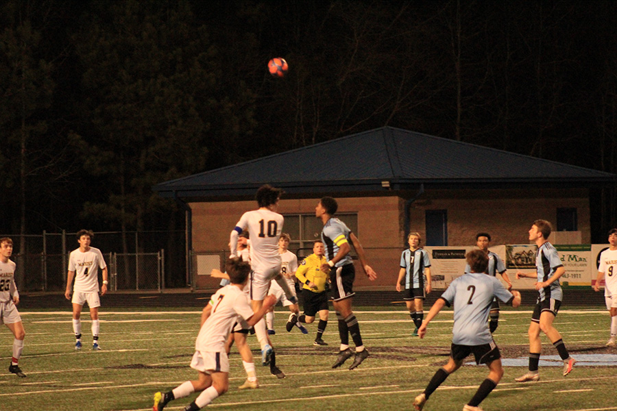 Senior Austin Morris and senior Santi Bondulich challenge one another for the ball. Starr’s Mill earned its fourth consecutive win Tuesday night in a 2-1 victory over visiting Marist.