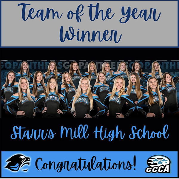 For the first time in school history, the Starrs Mill cheer team has been selected as Team of the Year by the Georgia Cheerleading Coaches Association. The title was awarded for their skill in cheerleading and service within the community. 