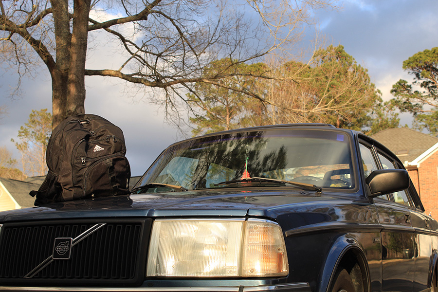 Feb. 11, 2021 - Backpack sits on a car hood prior to winter break.