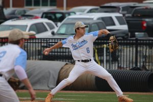 Senior Chay Yeager delivers a pitch. Yeager recorded 10 strikeouts while giving up six hits and one walk in the team’s win over McIntosh. Seniors Daniel Courtney and Thad Ector both hit home runs in the 4-2 victory.