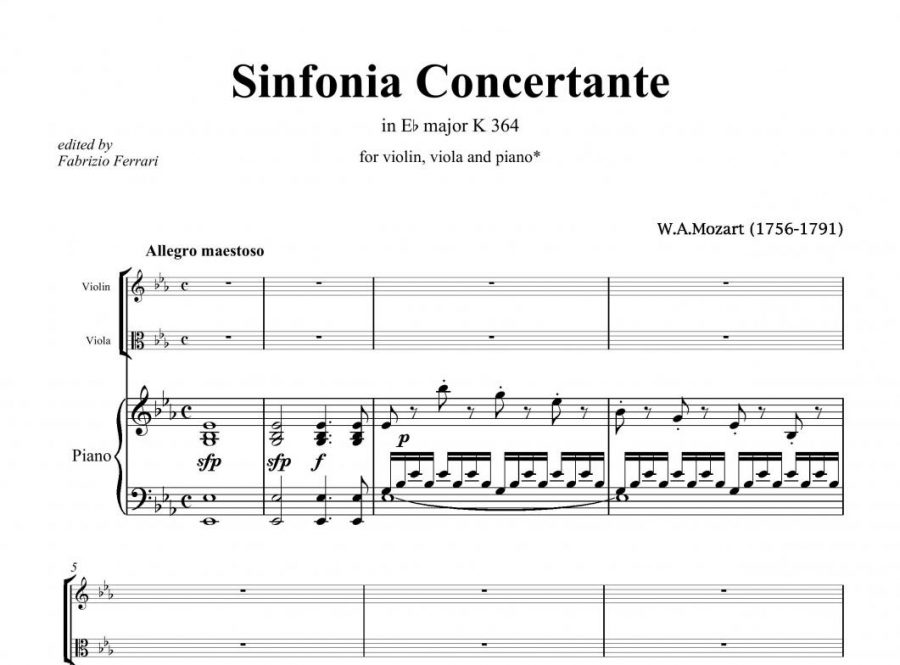 Transposition for piano and violin of Mozarts “Sinfonia Concertante for Violin, Viola and Orchestra in E-flat Major, K. 364, Presto(III)”. Mozart’s travels to Munich and Mannheim in 1777 then on to Paris in 1778 inspired him to write the piece in 1779.