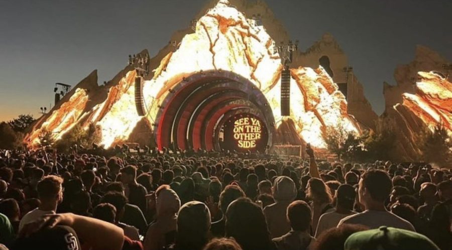 Fans crowd together to watch Travis Scott perform at the Astroworld Festival in Houston, Texas, on November 5, 2021. Eight people died and numerous others were injured during the event. Scott and Live Nation are solely responsible for the tragedy from their lack of basic security and safety for the audience. 