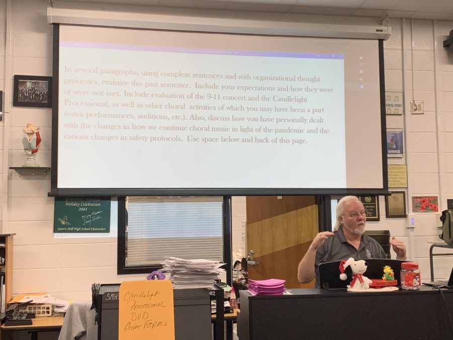 December 13, 2021 - Dr. John Odom reviews the essay questions for the upcoming final exam in his Bel Canto chorus class. Exams start December 14 and last through December 17.
