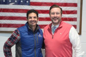 This month’s Golden Apple teacher Walt Ellison pictured with Tim Monihan from Farmers Insurance. Mathematics teacher J.B. Campbell chose Ellison for how he engages with his students and demonstrates his love for teaching economics.