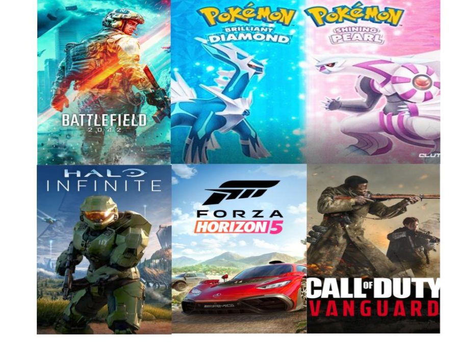 Collective of game covers for Forza Horizon Five, Halo Infinite, Call of Duty: Vanguard, Battlefield 2042 and Pokemon: Brilliant Pearl and Shining Diamond. These games make up the Triple-A releases for the month of November.