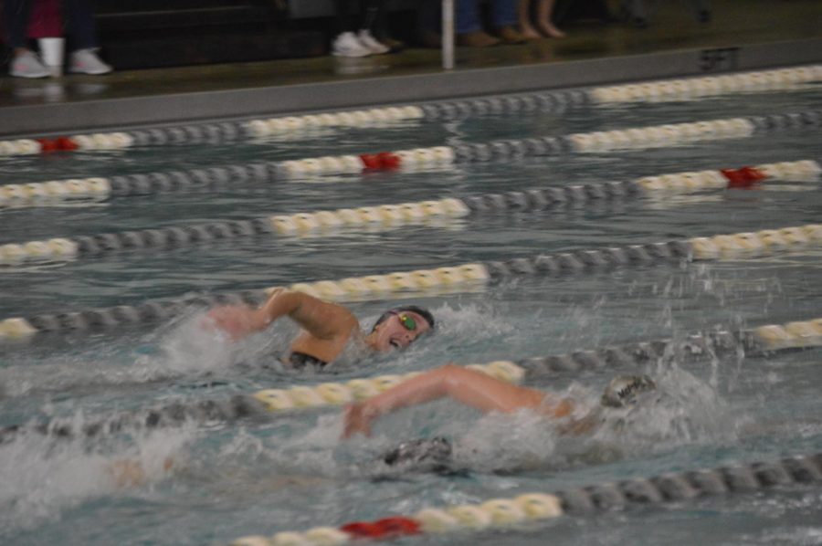 Sophomore+Emma+Frank+races+against+a+McIntosh+swimmer+in+the+200-yard+freestyle.+Frank+qualified+for+the+GHSA+State+Championship+and+placed+1st+in+the+event.+