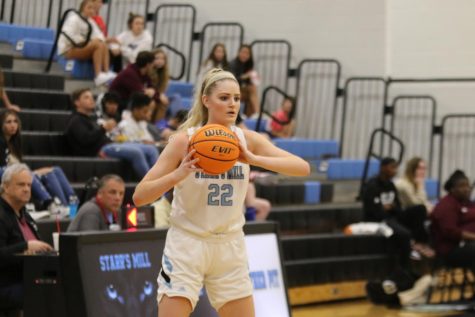 Senior Jaclyn Hester looks for an open player. At Saturday afternoon’s game against McIntosh, Hester made history and broke the schools all-time scoring record. It was previously set at 1,602 by 2021 graduate Alice Anne Hudson.