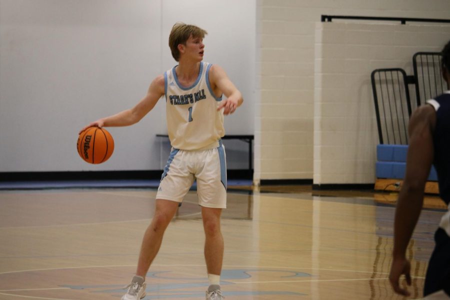 Senior Philip Schultheis communicates with his teammates. The Panthers played a physically demanding game against Northside and put up a fight coming down to the fourth quarter where the visiting Patriots won 70-65.