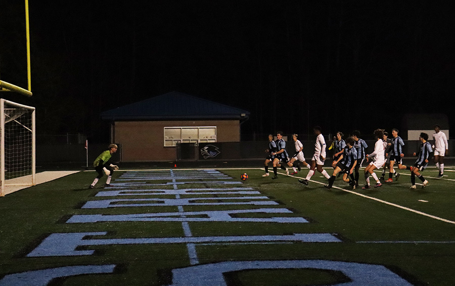 Veterans attempts a shot against Panther goalie sophomore Benjamin Schultheis. After going up 2-0, the visiting Warhawks controlled possession and limited scoring chances en route to a 2-1 victory.