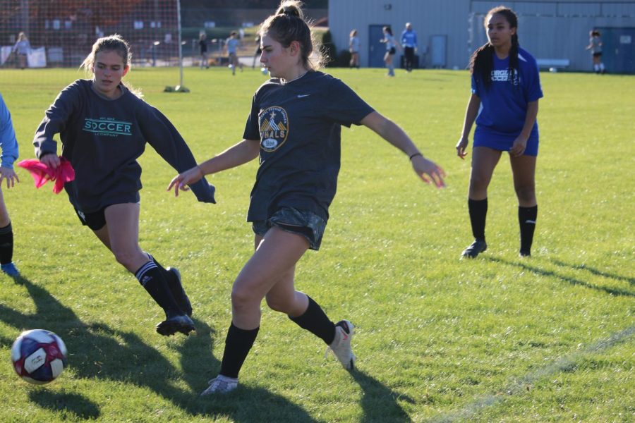 Senior Ashley Ledford dribbles the ball at soccer practice. Ledford is the first homeschooled student to attend Starr’s Mill under SB 42, allowing her to participate in school athletics. 