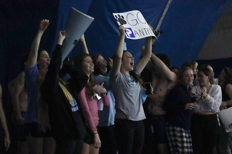 Members of the Starr’s Mill swim team cheer on the final 400-yard freestyle relay. The relay team placed first and helped secure the win for the Panthers who defeated McIntosh by seven points. 
