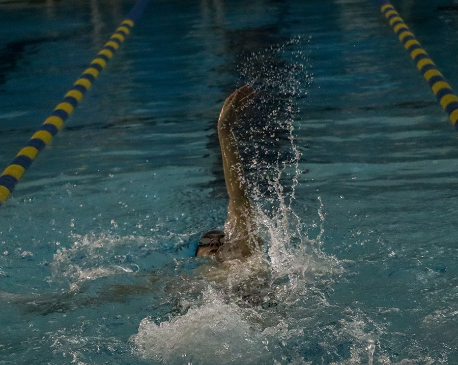 Senior Peter Beardsley races in the 100-yard backstroke in the Country Championship last Friday. He placed 7th with a time of 1:15.97. 