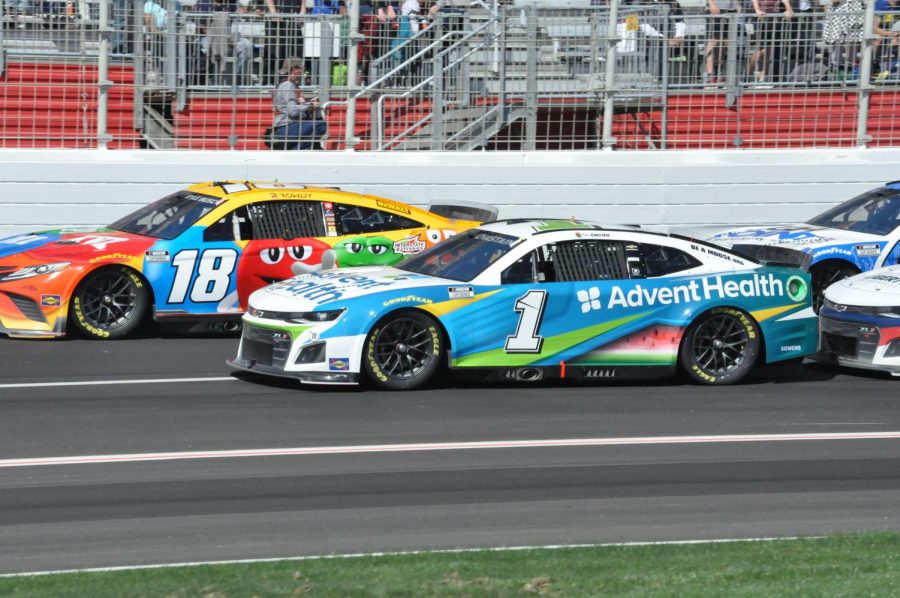 Ross Chastain, driver of the No. 1 Chevy, races for the lead with Kyle Busch in the No. 18 M&M Toyota. Chastain would finish in second place, while Busch was unable to finish the race due to the damage to his car. This is Chastain’s third top-ten finish for 2022. 