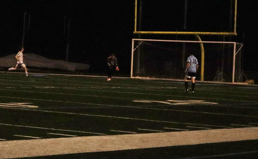 Goalie Tucker Hawkins prepares to send the ball down the field. Despite the team’s efforts, Woodward Academy scored two goals near the end of each half to end the Starr’s Mill season with a loss.