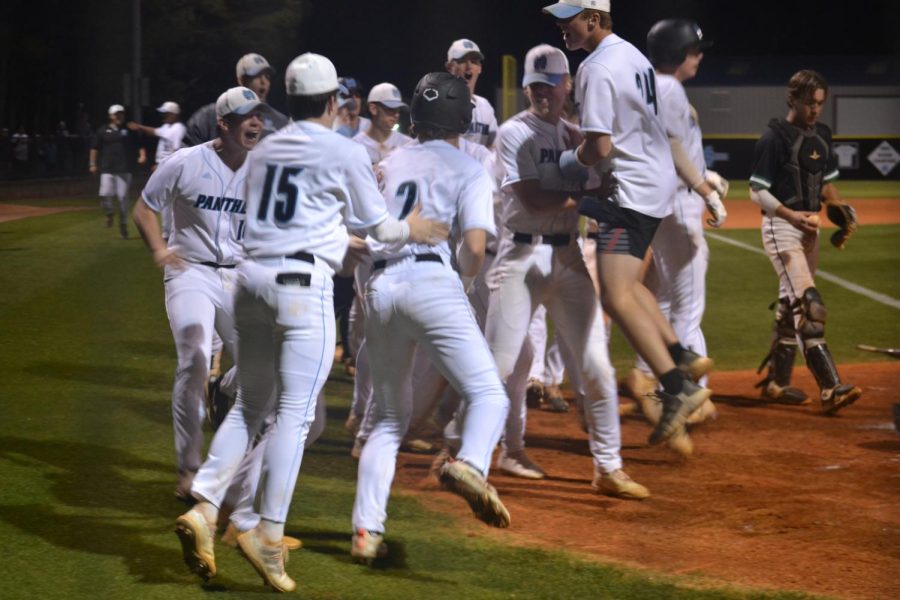 Starr’s Mill baseball celebrates a walk off victory against McIntosh. The Panthers mounted a comeback down 4-0 to secure the season sweep over McIntosh.