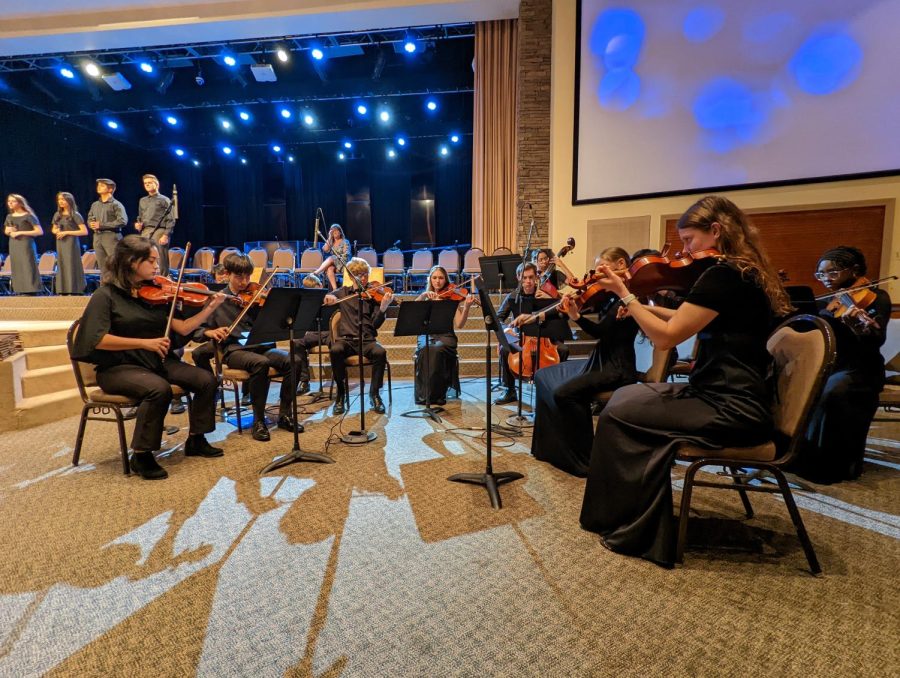 Selected students from the Starr’s Mill High School orchestra and chorus perform “You Raise me Up” by Josh Groban at the 2022 teacher of the year celebration. Starr’s Mill was the only school in the county to be asked to perform at the ceremony. 