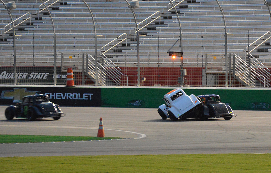 Noah Ryan and Clay Hocutt collide halfway through the Young Lions Legends race. Many spin outs across nearly every race made for a chaotic and exciting night of racing at Atlanta Motor Speedway.