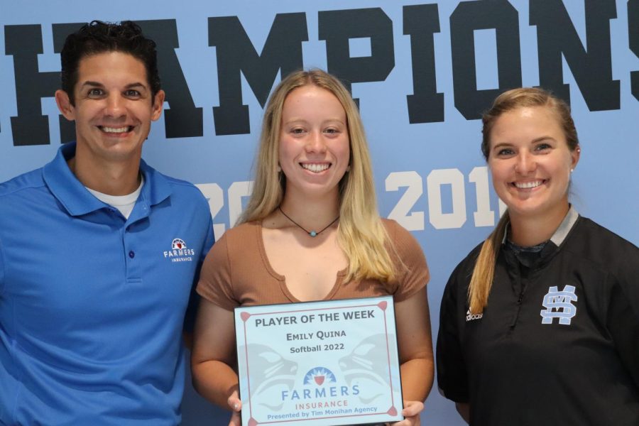 Senior Emily Quina has been selected as the first Farmers Insurance Player of the Week for the fall sports season. Quina was chosen by head coach Peyton Dean for her leadership role. 