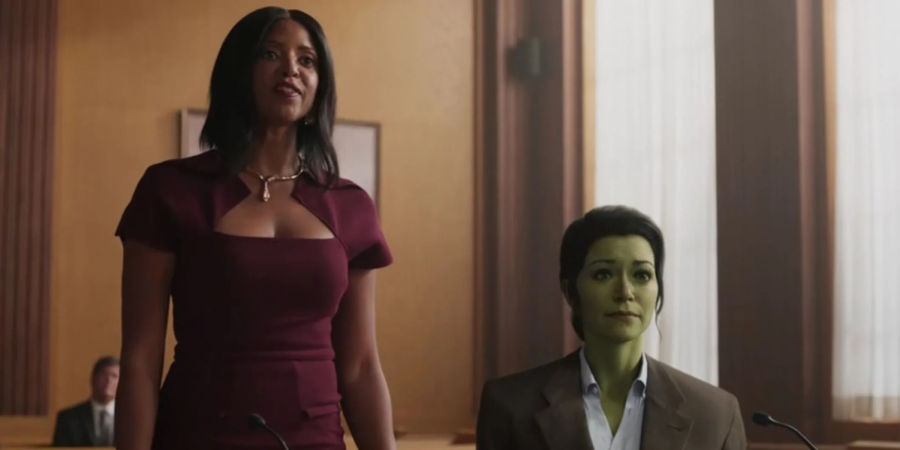 She-Hulk and her lawyer, Mallory Book, in court. This Episode focuses on how Jennifer is embracing herself as the She-Hulk, but also introduces the further expansion of the MCU.