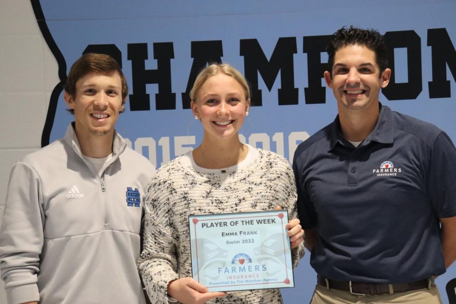 Junior Emma Frank has been selected as the first Farmers Insurance Player of the Week for the winter sports season. Frank was chosen by head coach Derek Abrams for her being a huge motivator for the other swimmers. 