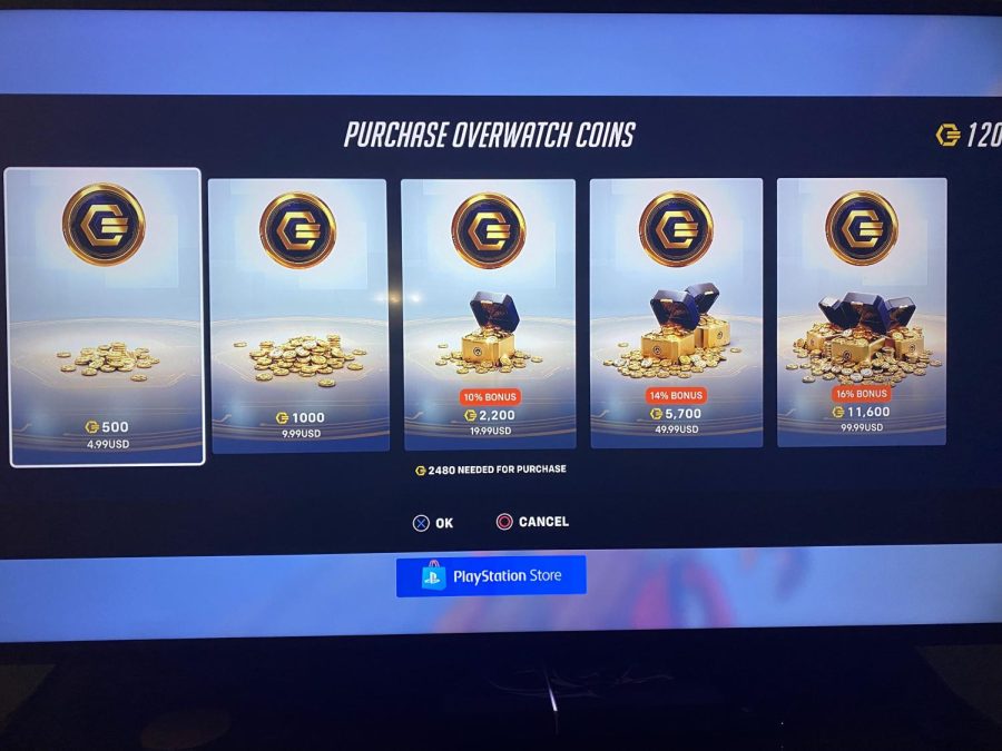 In-game purchase screen for coins in “Overwatch 2.” In the top right is the amount of coins I have made after playing nearly every day for a month. “Overwatch 2” uses a free price tag for the update of the original game as an excuse to charge outrageous prices for skins.  