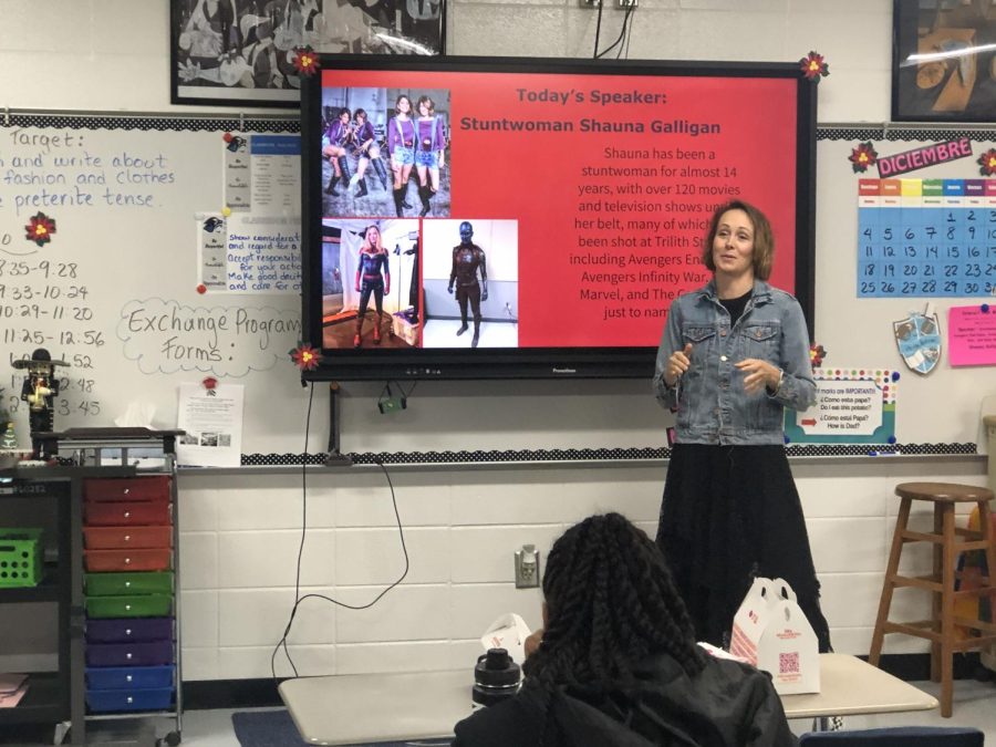 Guest speaker Shauna Galligan talks to Interact Club attendees. Galligan discussed the power of a positive mindset and how it helps her as a stuntwoman.