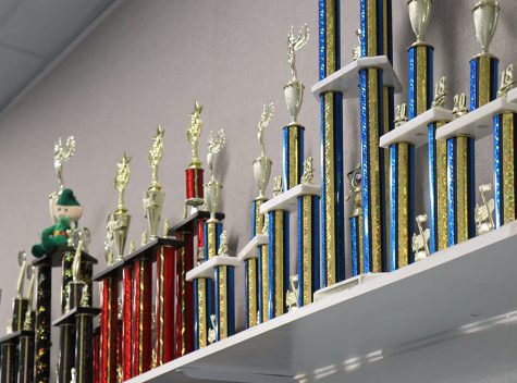Trophies displayed in the band room. Multiple members of the Panther Pride Band have been chosen for District Honor Band and All-State Band auditions.