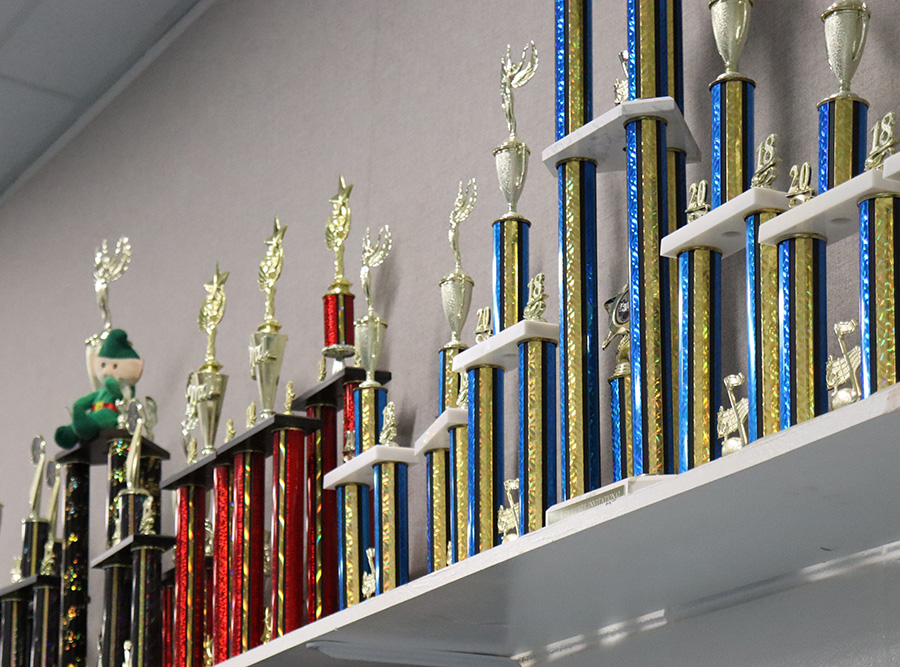 Trophies displayed in the band room. Multiple members of the Panther Pride Band have been chosen for District Honor Band and All-State Band auditions.