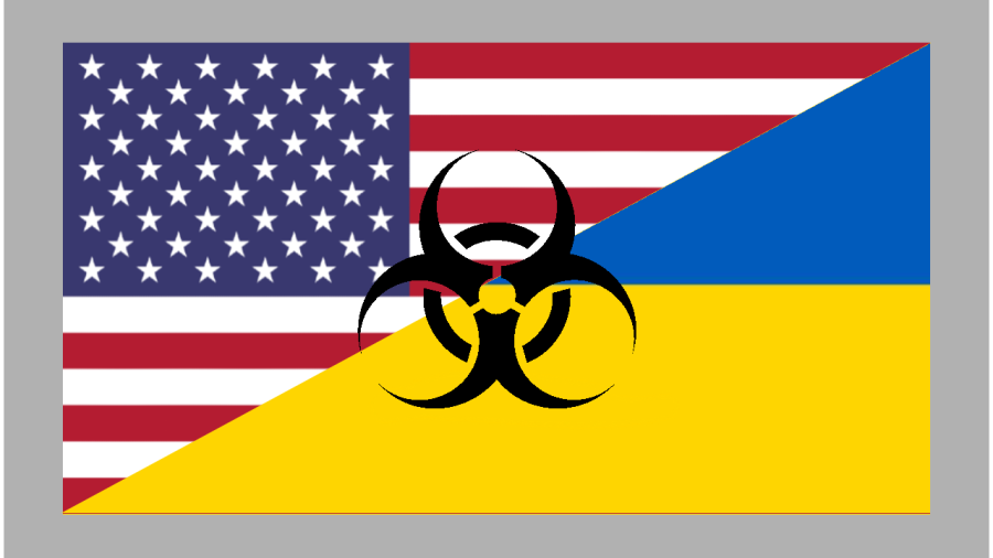 American and Ukrainian flags superimposed with biological hazard symbol. U.S. involvement in Ukraine has recently been put in a new light. 