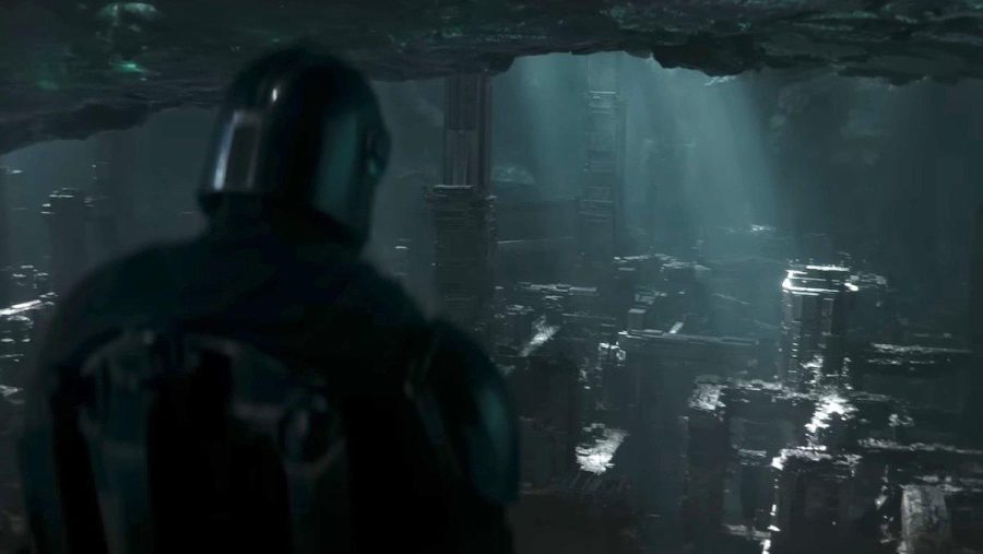 Din Djarin takes a look in the cave where all the remnants of homes and cities were. Episode 2 focuses on Djarin’s quest for redemption via the Living Waters of Mandalore.