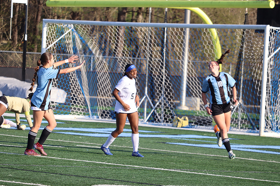 Freshman Kendra Ivaska celebrates after scoring a goal. Ivaska scored three goals as Starr’s Mill defeated Fayette County 10-0.