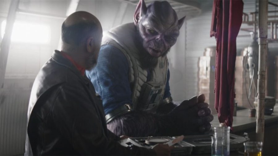 Zeb Orrelios talks to Carson Teva at the bar to request support on Nevarro against the pirates. This scene cameos Zeb in the live-action Mandalorian series. 