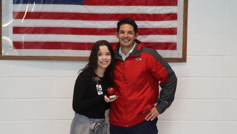 Special education teacher Anna Martin is Aprils Golden Apple recipient. She was chosen by last months winner Rebecca Rickeard for how she works with her students. 