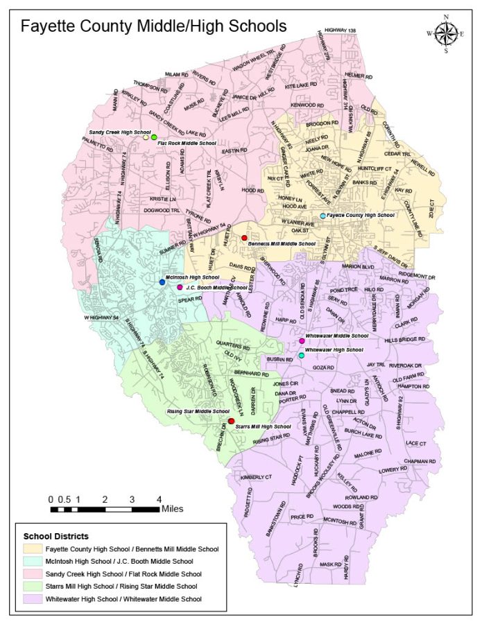 Map of current school district zones. While McIntosh has a smaller geographical area than Sandy Creek, there are a lot more families in the McIntosh area. Plenty of changes have occurred involving Fayette County schools, but there has been little talk of redistricting to balance enrollment numbers at the high schools.