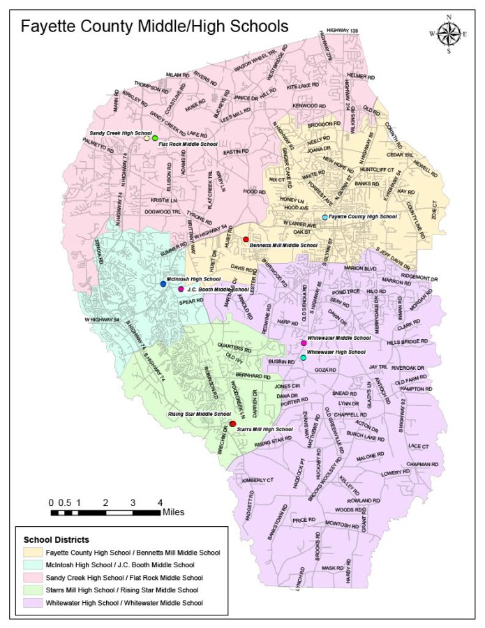 Map+of+current+school+district+zones.+While+McIntosh+has+a+smaller+geographical+area+than+Sandy+Creek%2C+there+are+a+lot+more+families+in+the+McIntosh+area.+Plenty+of+changes+have+occurred+involving+Fayette+County+schools%2C+but+there+has+been+little+talk+of+redistricting+to+balance+enrollment+numbers+at+the+high+schools.