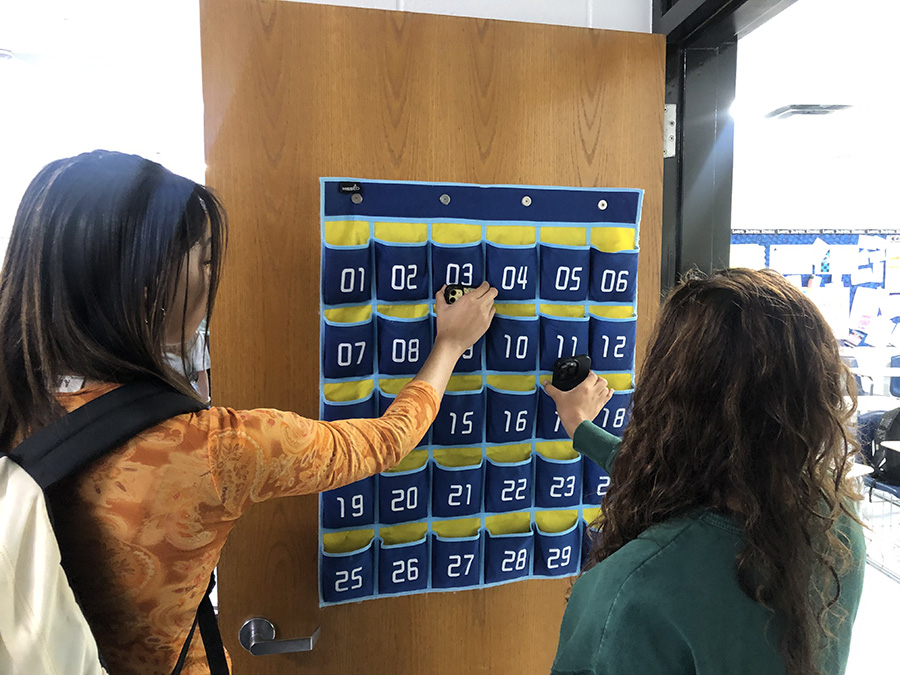 Students in Brandon Kendall’s English class put away their phones as they enter class. Starr’s Mill is making several changes that are designed to remove distractions and make learning efficient.