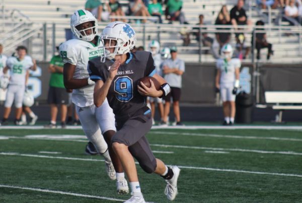 Freshman Nolan Blackwell rushes for a big gain late in the first half. Starr’s Mill and McIntosh battled back and forth until late in the fourth quarter. 