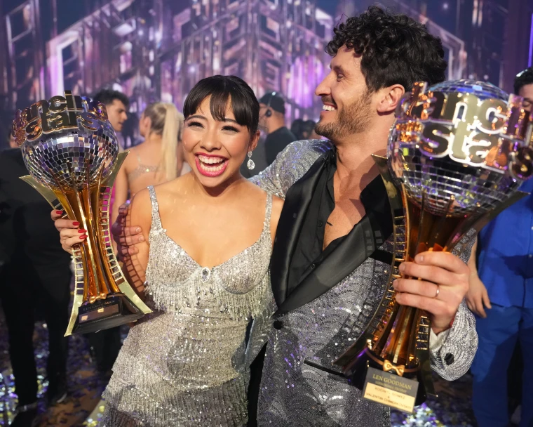 Xochitl Gomez and Val Chmerkovskiy celebrate after winning Season 32 of “Dancing with the Stars.” They took home the first ever Len Goodman Mirrorball Trophy. 