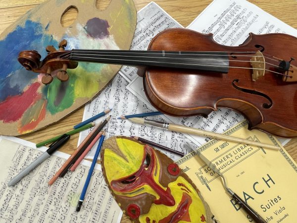 An arrangement of sheet music, colored pencils, a mask, and a viola. These items can be found in fine arts classrooms. 