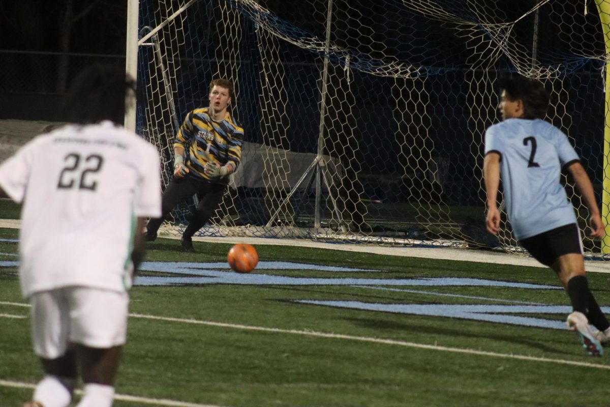 Goalie Tucker Hawkins blocks a shot. Against McIntosh, Starr’s Mill faltered in ball control, allowing the Chiefs to control the flow of the game and win 3-0.
