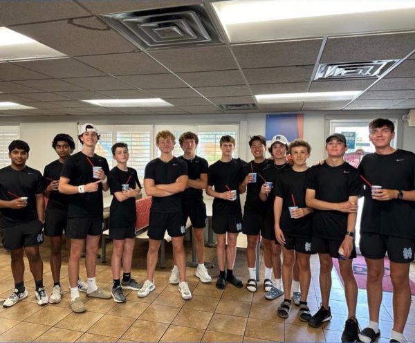 Boys tennis team poses after defeating Cairo in the first round of the state playoffs. The boys tennis team overcame a four hour bus ride to Cairo and now travels to West Laurens on April 22 for the second round of state playoffs.