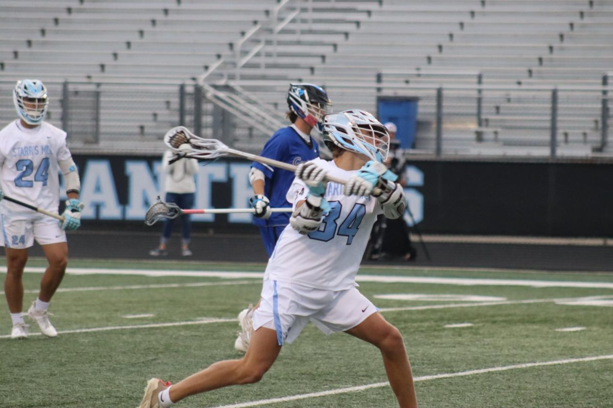 Junior Henry Pettit shoots on goal during the game against Centennial last night. He contributed one goal to the game as Starr’s Mill defeated the Knights, 8-2.