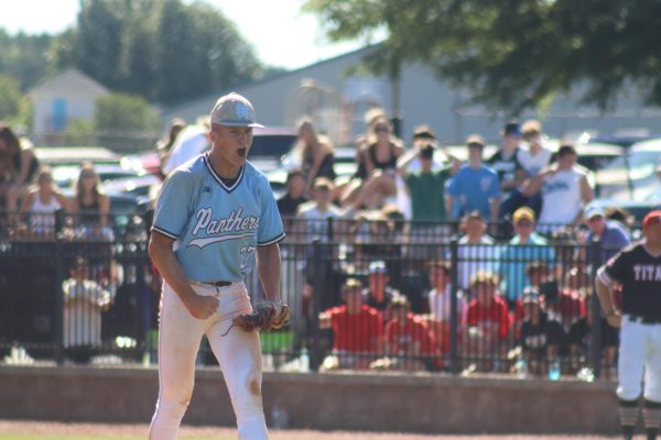 Sophomore Brock Rein celebrates after an out. Starrs Mill baseball swept North Oconee in the AAAA state semifinals, 12-8 and 13-1.