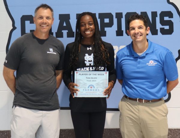 Senior Tani Alofe was selected as Farmers Insurance Player of the Week for her dedication, hard work, and encouragement. She will be performing in the triple jump, 4x100, 4x200, and 200 meter dash at the AAAA state championships.
