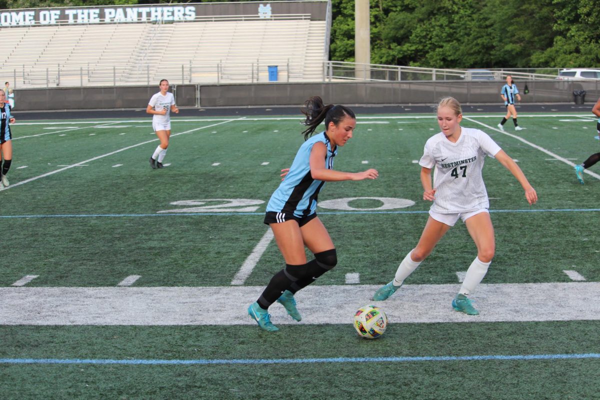 Sophomore Avany Yeager controls the ball close to the sideline. Yeager scored one of the team’s three goals as Starr’s Mill defeated Westminster, 3-0. The Panthers advance into the state quarterfinals.