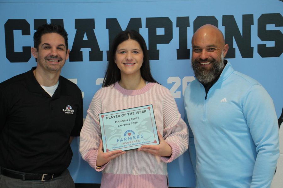 Tim Monihan and Farmers Insurance recognize senior girls lacrosse player Hannah Leckie as the first Player of the Week for the spring sports season. Leckie has recently stepped up as a team leader and overcome recent injuries.