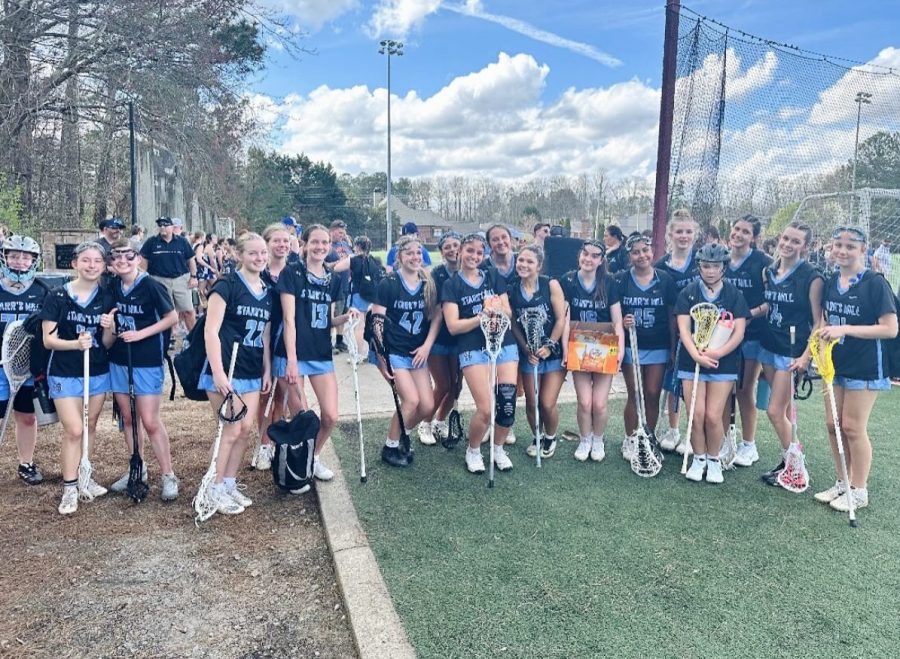 Me (holding the box of Goldfish) and my lacrosse team after a win at a tournament. My teammates helped change my perspective on lacrosse resulting in me not quitting when I wanted to give up. Photo via Instagram (@smgirlslax) 