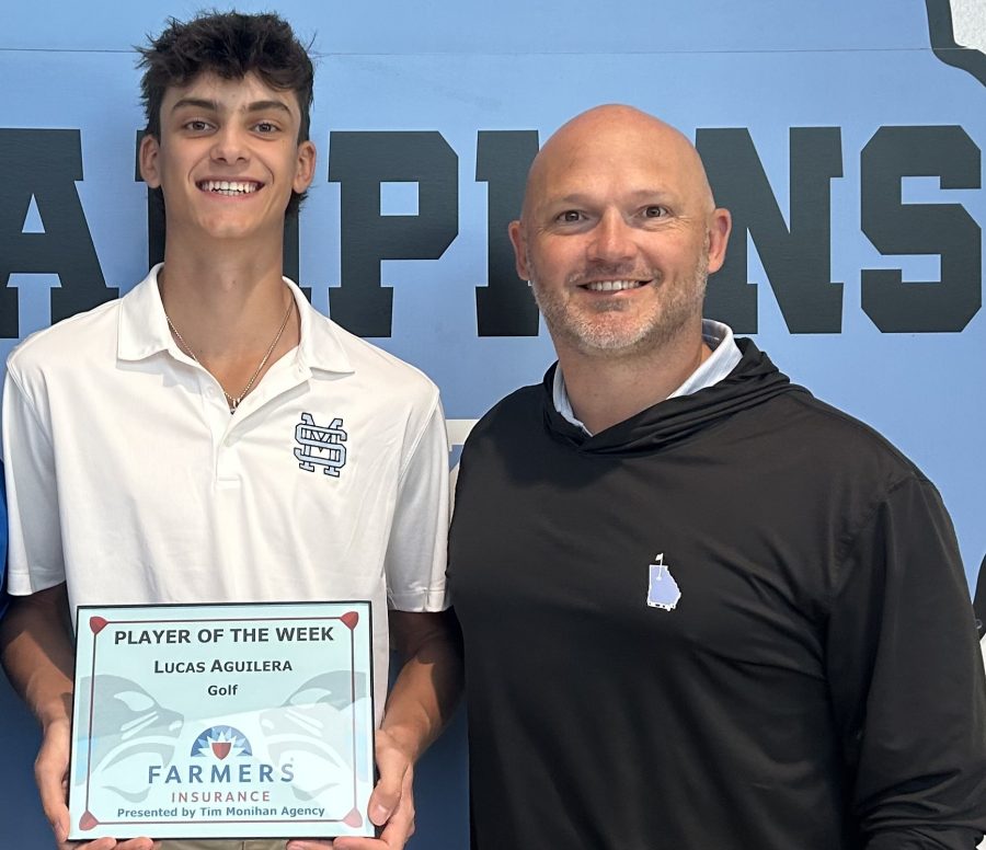 Tim Monihan and Farmers Insurance recognize junior golfer Lucas Aguilera as the 11th Player of the Week for the spring sports season. Boys golf head coach Josh Reeves chose Aguilera for being a consistent scorer for the team all year and his professionalism on the course.